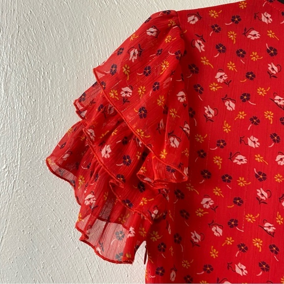Madewell Floral Tiered Sleeves Peplum Top. Shimmery Red Sz 00 - Picture 9 of 12